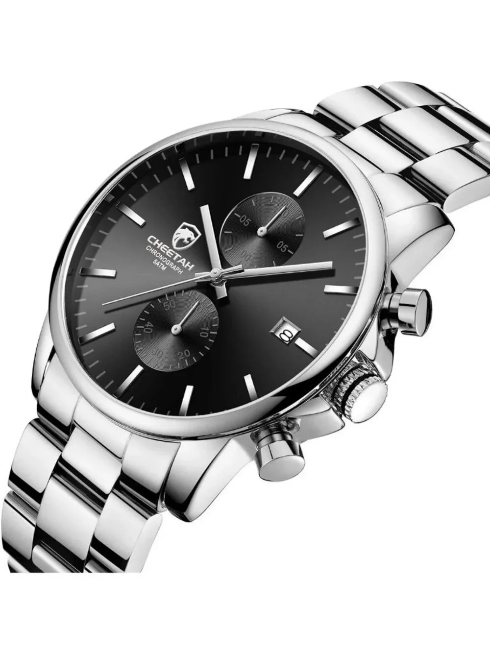 Men's Silver Black Classic Stainless Steel Waterproof Chronograph Quartz Watch